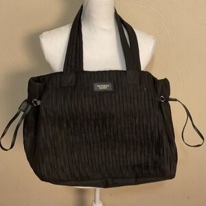 Victoria's Secret Large Tote Bag Black‎ Pleated Travel Gym Carry On Zippered